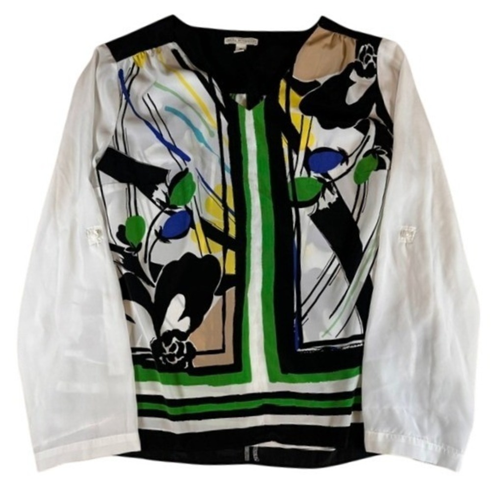 Dana Buchman White Colorful Floral Long Sleeve V-Neck Blouse‎ XL Dressy Career